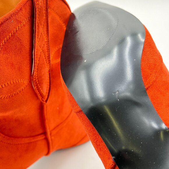 Brown Orange Square Toe Comfort Kitten Low Heel Ankle Boot Pull On Bootie Winter - Picture 5 of 6